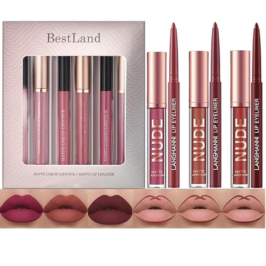 BestLand 6Pcs Matte Liquid Lipstick & Lip Liner Set โ Waterproof, Long-Lasting Nude Lip Stain Makeup Kit, Velvety Texture, Gift Set (Vintage Charm Lip Set)