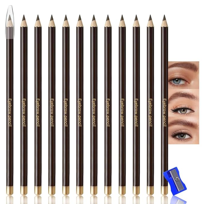 12Pcs Eyebrow Pencils for Women,Wooden Hard-Core Medium Brown Eyebrow and Eyeliner Pencil,Long Lasting Waterproof and Sweat-Proof,Beginner Makeup Brow Pencil,Create a Natural Eye Brow Makeup,Vegan