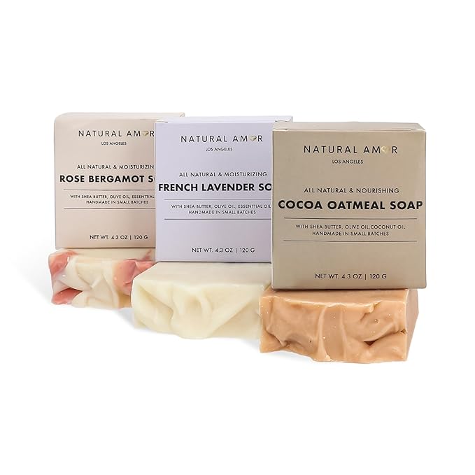 Natural Amor All Natural Handmade Soap Bar, Nourishing 3 pack- Rose Bergamot, Lavender, Unscented Oatmeal Bar Soap, 4.3 OZ each