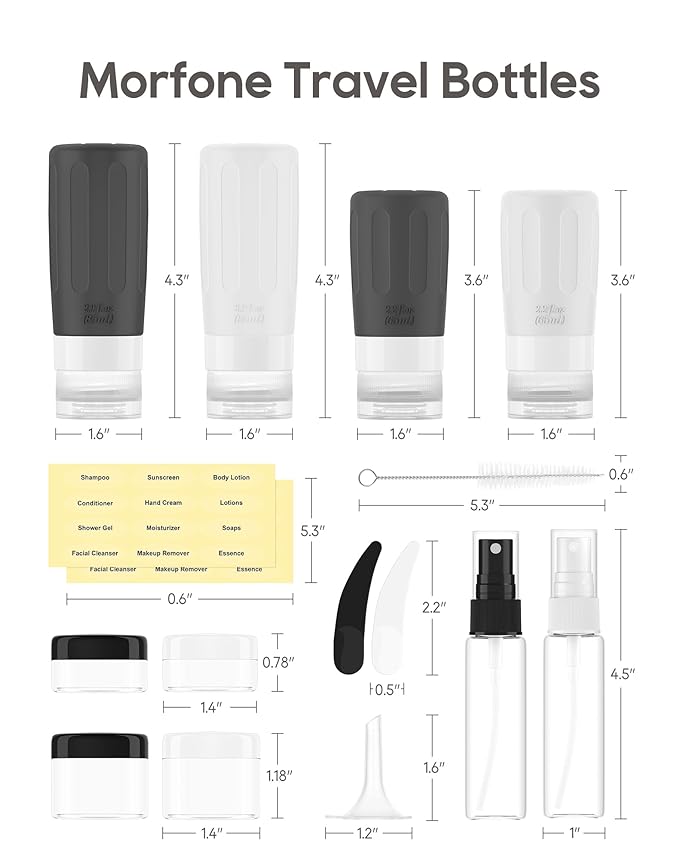 Morfone 16 Pack Silicone Travel Bottles Set for Toiletries TSA Approved Travel Containers Leakproof Squeezable Refillable Accessories 2oz 3oz Travel Essentials for Shampoo Lotion Liquids (BPA Free)