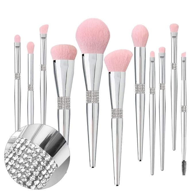 Professional Makeup Brush Set Luxury 11pcs Silver Glitter Crystal Make Up Brush Kit Vegan Soft Synthetic Hair Foundation Eyeshadow Eyebrow Lip Cosmetic Brush Set With Gift Box For Girl