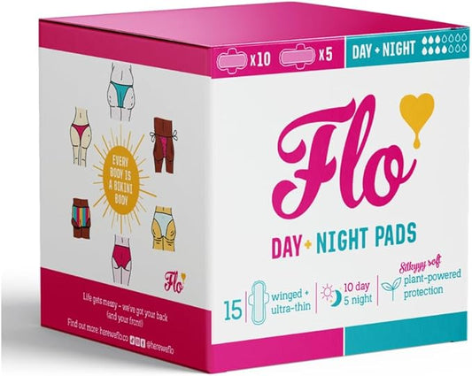 Flo Bamboo Period Pads with Wings Combo Pack 10 Day, 5 Night (15 Pads)