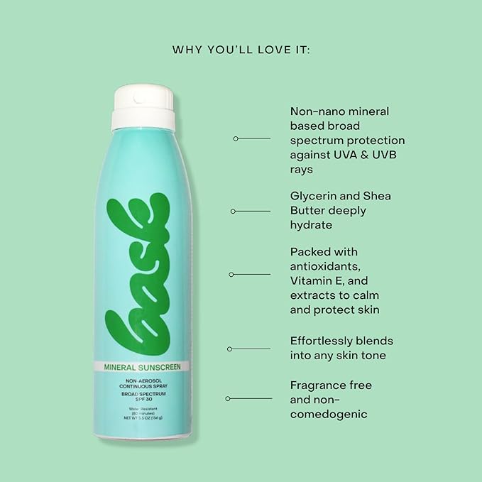 Bask Suncare SPF 30 Mineral Sunscreen Spray - Fragrance Free, Non-Aerosol, Reef Safe, Broad Spectrum UVA/UVB Protection, Dermatologist Recommended, Lightweight & Fast-Absorbing, 5.5 oz