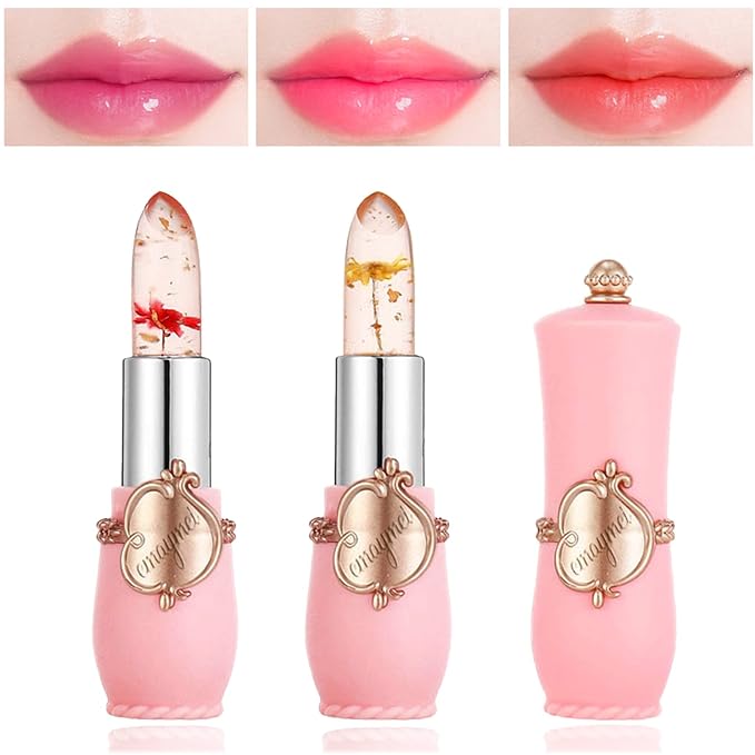 2 Pack Crystal Jelly Flower Lipstick,Magic Temperature Color Change Lip Gloss Lip Stick PH Clear Magic Lipstick Long Lasting Nutritious Moisturizing Lip Balm(Set B)