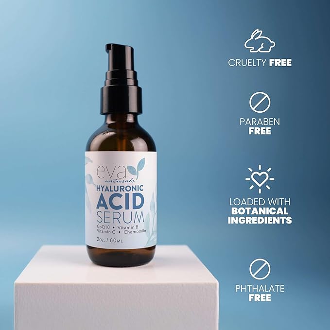 Eva Naturals Hyaluronic Acid Serum for Face – Pure Facial Gel with Natural Moisturizing Factors + HA – Anti-Aging Face Serum for Wrinkles, Fine Lines, Dry Skin, Lifted Glow – 2 oz