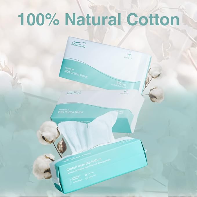 Saraflora 100% Cotton Facial Tissue Soft Dry Wipe 6 Pack, Use for Sensitive Skin Disposable Face Towel Extra Thick Dry and Wet Use Disposable Cotton Tissues for Washing Face Makeup Wipes(600 Count )