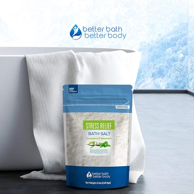 Stress Relief Bath Salt 128 Ounces Epsom Salt with Natural Spearmint and Eucalyptus Essential Oils Plus Vitamin C in BPE Free Pouch with Easy Press-Lock Seal