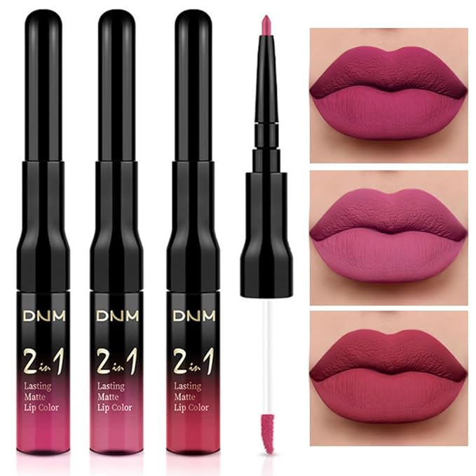 3Pcs 2 in 1 Rose Red Plum Warm Pink Deep Cranberry Lip Liner and Liquid Lipstick Stain Makeup Set for women, Long Lasting Smudge Proof Lip Tint Matte Finish Lip Gloss for All-Day Color Hold, Set14