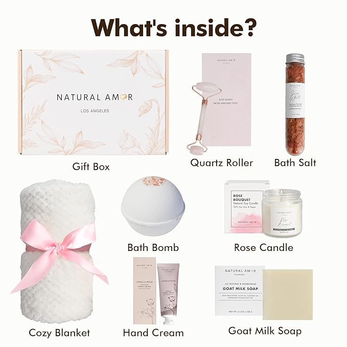 Natural Amor Spa Gift Set with Blanket 7 PCs– Handmade Bath & Body Self-Care Box – Includes Bath Bomb, Candle, Soap, Hand Cream – Perfect for Relaxation & Gifting