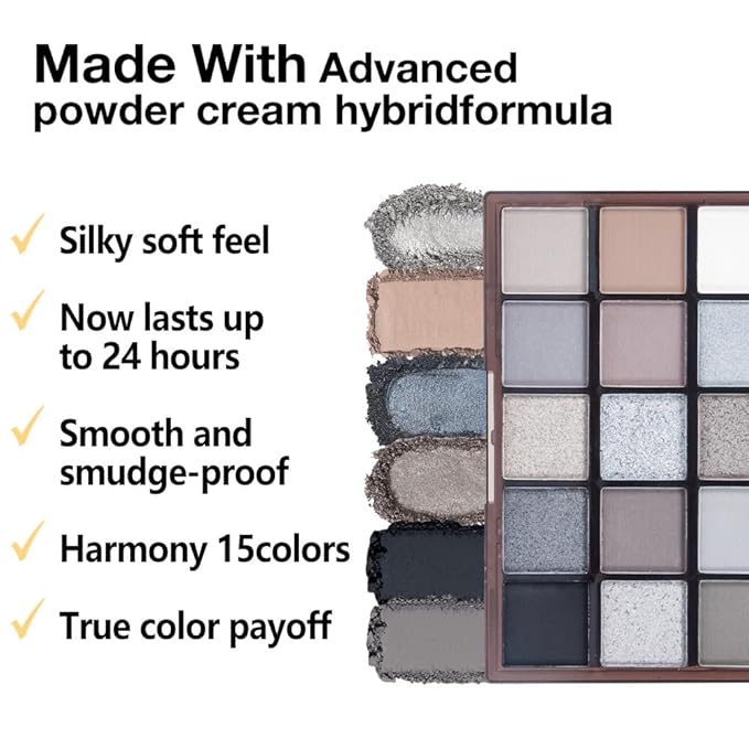 Smokey Black Eye Shadow Makeup Palette,15 Colors Gray Silver Dark Shimmer Matte Makeup Pallet,Long Lasting Waterproof Blendable for Daily and Halloween,Vegan,Cruelty -free