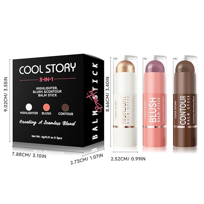 3-in-1 Highlighter,Blush and Contour Sticks Trio with Highlighter Stick Contour Stick and Blush Stick for Cheeks and Face Makeup (Set C Deep)