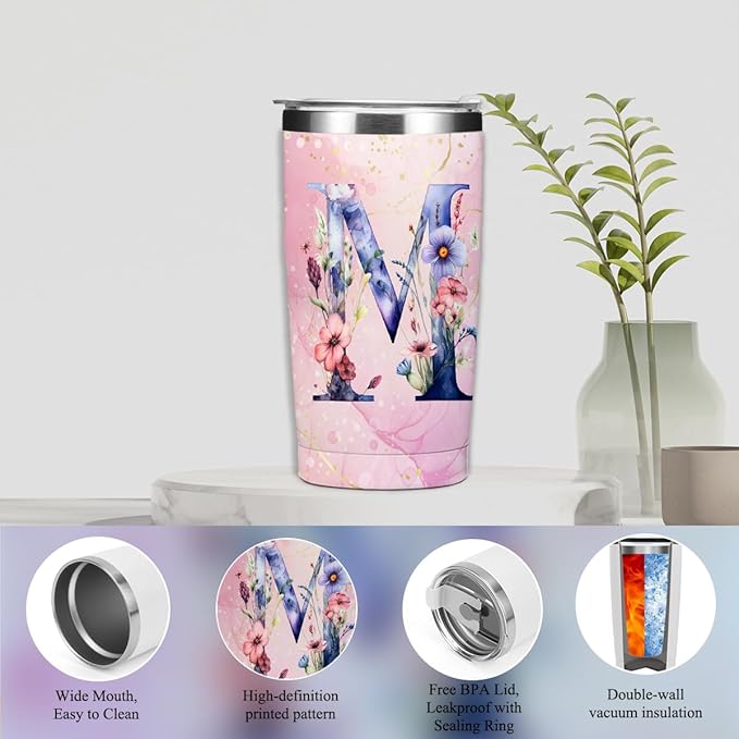 Personalized Gifts Monogrammed Birthday Gifts for Women, Her, Teacher Mother in Law Wedding Christmas Initial 20 oz Tumbler, Makeup Bag Cup Pens Journal Notebook 6 Set, (Aesthetic Pink Flower M)