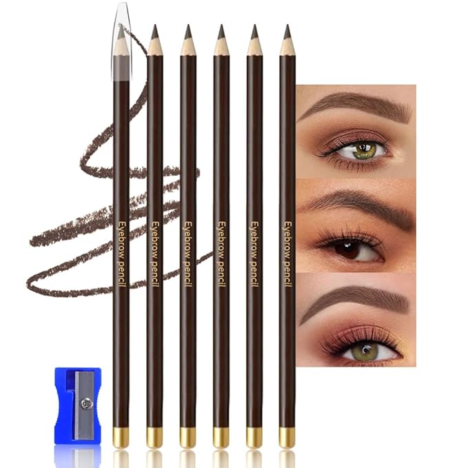 6Pcs Dark Brown Eyebrow Pencils for Women,Wooden Hard-Core Eyebrow Eyeliner Pencil,Sharpener Included,Long Lasting Waterproof Sweat-proof Create a Natural Eye Brow Makeup,Beginner Brow Pencil