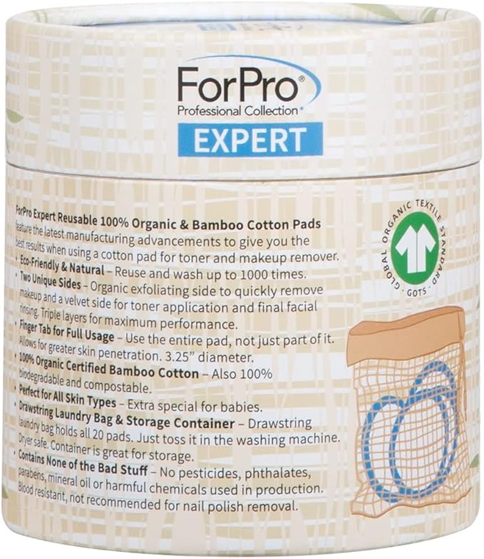 ForPro Professional Collection Expert Reusable Cotton Rounds (20 Pack), 100% Organic and Bamboo Makeup Remover Pads, Includes Drawstring Laundry Bag and Storage Container