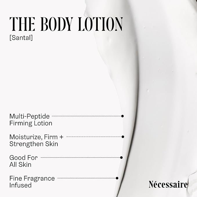 Nécessaire The Body Lotion with Pump. Santal. Multi-Peptide Firming Lotion to Moisturize, Firm, Strengthen. 2.5% Niacinamide, Vitamin C/E + Omega 6/9. 450ml / 15.2 fl oz