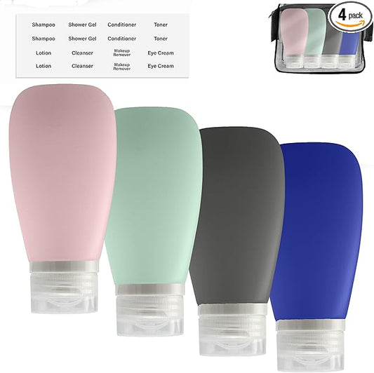 Travel Bottles for Toiletries, TSA Approved 3oz Leak Proof Silicone Refillable Squeeze Travel Size Containers BPA Free for Cleansers, Lotions, Shampoo 4pk-With Bag (P,G,Blk,BL)