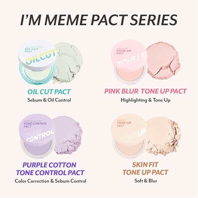 I'M MEME Compact - Purple Cotton Tone Control Pact | Korean Pressed Setting Powder With Berry Complex, Makeup Powder Foundation, Translucent Compact, Finishing Powder, Oil Free Face Powder, 0.35 Oz