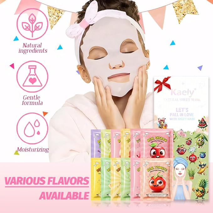 12 Pack Fruit Kids Face Mask,Pink Face Masks Skincare Spa Day Kit Supplies,Spa Party Favors for Teens Girls Women,Sheet Facial Mask Skincare Gifts Set,Moisturize Soothe for All Skin Types