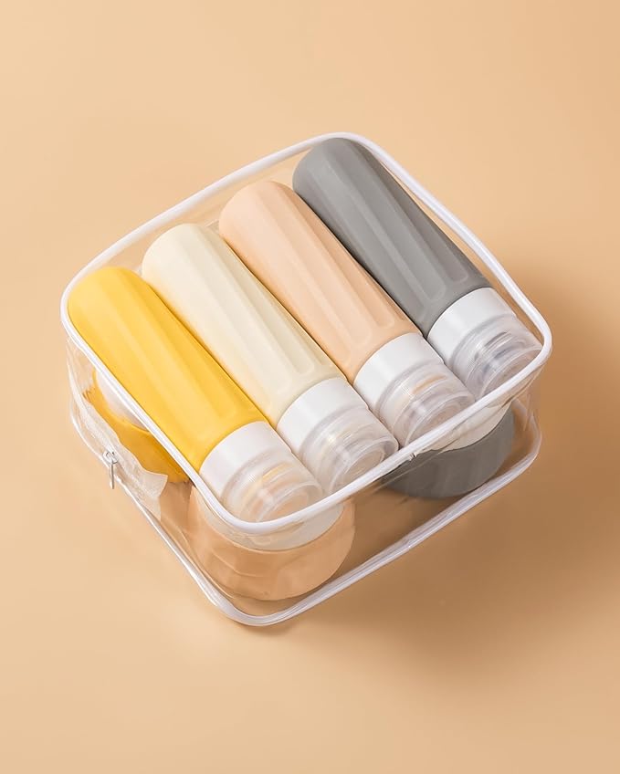 Travel Bottles for Toiletries 8 Pack, Travel Size Toiletries, Tsa Approved Travel Size Containers 3oz, with Travel Essentials Clear Bag, Leak Proof Silicone Squeezable Creams Jars
