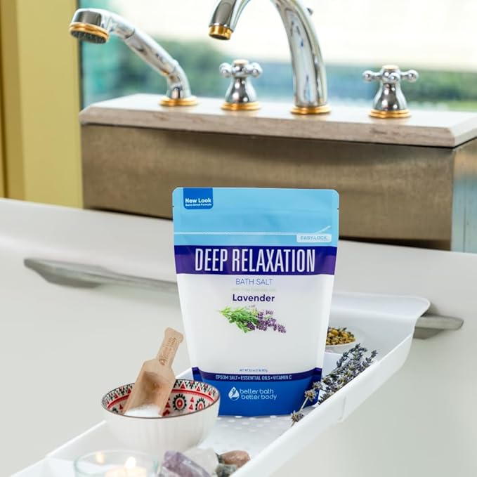 Deep Relaxation Bath Salt 32 Ounces Epsom Salt with Natural Lavender Essential Oil Plus Vitamin C in BPA Free Pouch with Easy Press-Lock Seal