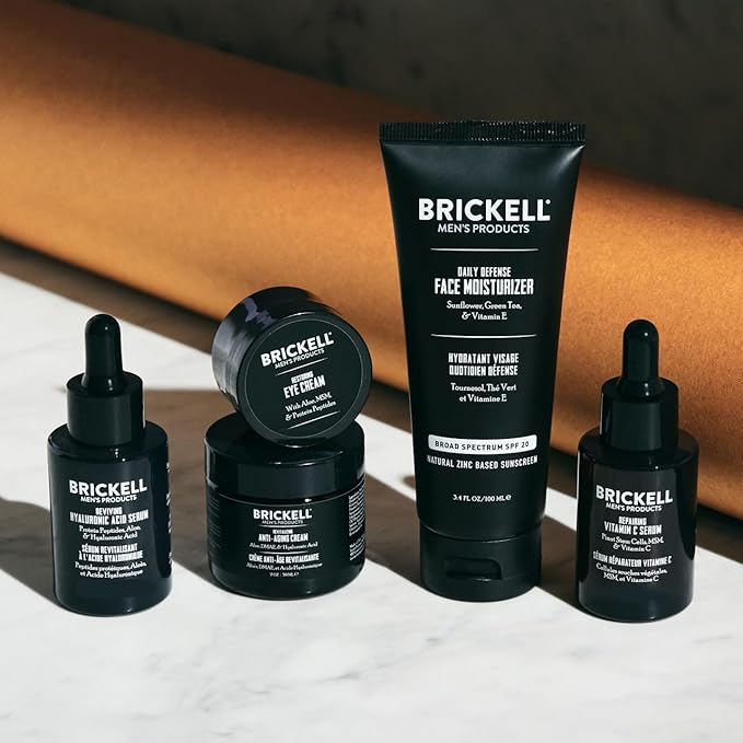 Brickell Men's Complete Defense Anti Aging Routine, Night Face Cream, Vitamin C Day and Night Serum, Facial Moisturizer w/SPF and Eye Cream, Natural and Organic, Scented, Skin Care Gift Set
