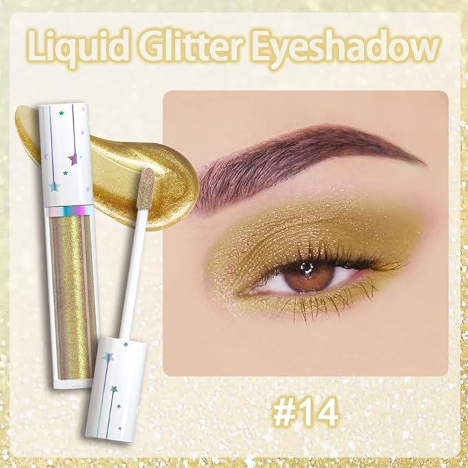 evpct Liquid Shimmery Glitter Eyeshadow Eyeliner, High Pigment Colored Metallic Eyeshadow Stick Eyeliner, Waterproof Long Lasting Sparkle Eye Makeup Set for Women, 14# Satin Sheen Gold
