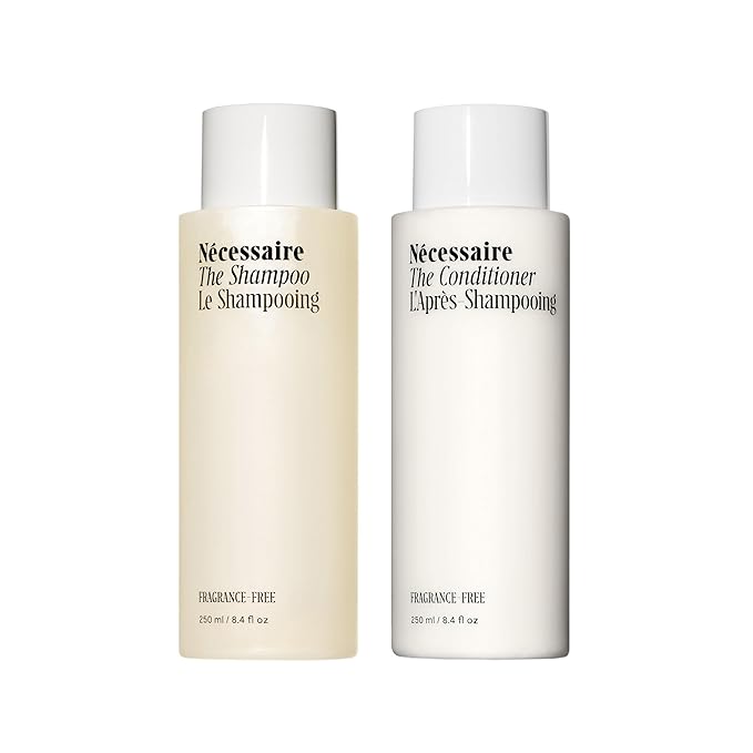 Nécessaire The Hair Duo - Shampoo and Conditioner Set 2 x Full-Size. The Shampoo + The Conditioner. Hyaluronic Acid + Vitamin B Complex. Fragrance-Free. Approved by the National Eczema Association.