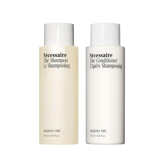 Nรฉcessaire The Hair Duo - Shampoo and Conditioner Set 2 x Full-Size. The Shampoo + The Conditioner. Hyaluronic Acid + Vitamin B Complex. Fragrance-Free. Approved by the National Eczema Association.