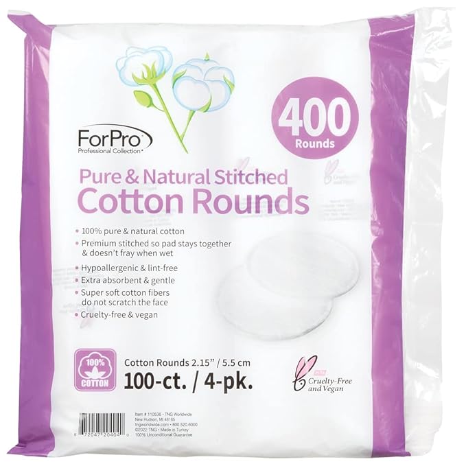 ForPro Pure & Natural Stitched Cotton Rounds for Face (400-Count), 100% Pure Cotton Makeup Remover Pads, Hypoallergenic, Lint-Free, Vegan & Cruelty-Free, Pack of 48-100 Cotton Pads
