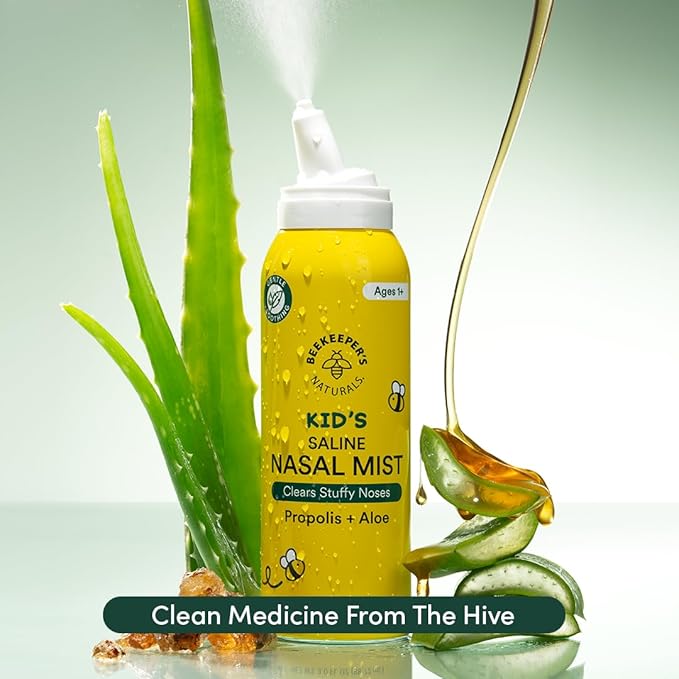 Kids' Saline Nasal Mist by Beekeeper's Naturals, Clears Stuff Noses, Nasal Spray for Kids 1+ w/ Saline, Aloe & Propolis, 3 fl oz