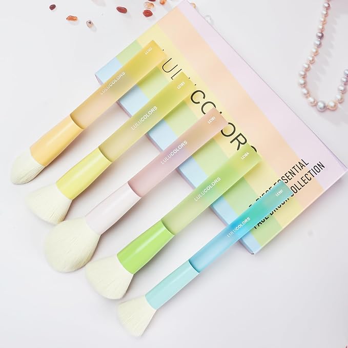 5-Piece Essential Face Makeup Brush Set – Soft, Cruelty-Free Synthetic Bristles with Comfort Rubberized Handles, Multi-Color Pastel Design – Makeup Brushes for Powder, Blush, and Contour