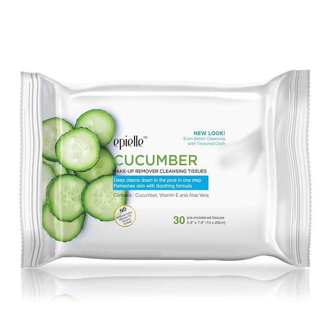Epielle New Makeup Remover Cleansing Wipes Tissue - Cucumber 30 Count 6 Pack | Gentle for all Skin Types | Daily Facial Cleansing Towelettes | Removes Dirt, Oil, Makeup (Cucumber)