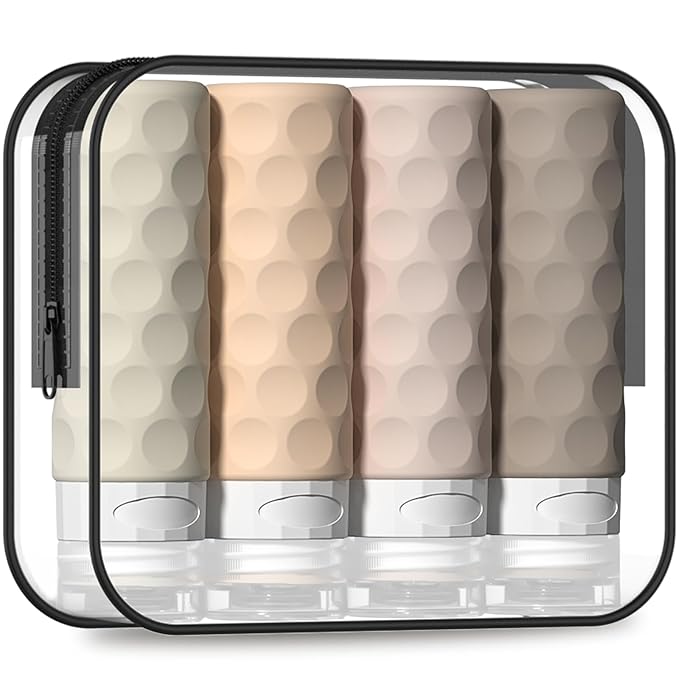 Travel Bottles for Toiletries, 4pcs Tsa Approved 3oz Travel Size Containers, BPA Free Leak Proof Premium Silicone Bottles, Refillable Liquid Squeezable Accessories W/Toiletry Bag(Cream)