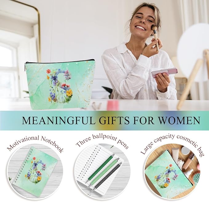 Personalized Gifts for Women Monogrammed Birthday Gifts for Women, Wife Girlfriend Christmas, Initial 20 oz Tumbler, Makeup Cosmetic Bag Cup Pens Journal Notebook 6 Set, (Aesthetic Green Flower S)