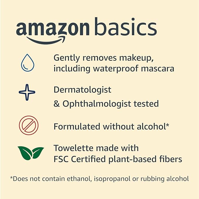 Amazon Basics Makeup Remover Wipes, Gentle Cleansing, Dermatologist Tested, Night Calming, Plant Based, Alcohol Free, Removes Waterproof Mascara, 25 Count Per Pack, Pack of 1 (Previously Solimo)