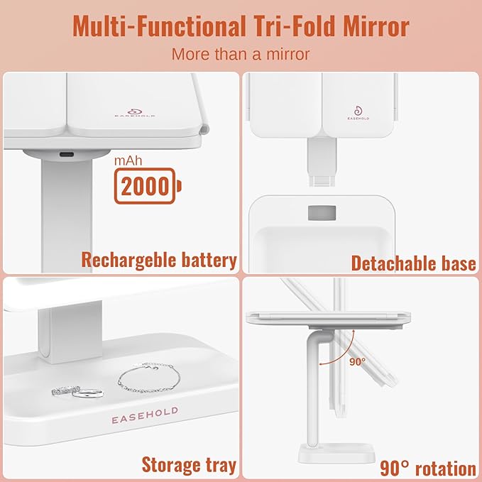 EASEHOLD Lighted Makeup Mirror with 3X Magnification, 3 Color Lights & Touch Sensor - Rechargeable Trifold Vanity Mirror for Travel, Desk, Home Use