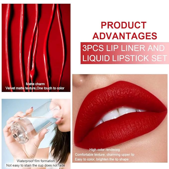 3Pcs 2 in 1 Ruby Bright Dark Red Lip Liner and Liquid Lipstick Stain Makeup Set for women, Long Lasting Smudge Proof Lip Tint Matte Finish Lip Gloss for All-Day Color Hold Easy to Use, Set05