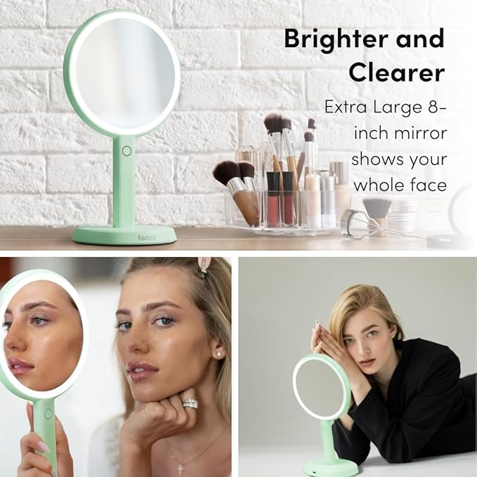 Fancii Cami Handheld Travel Makeup Mirror with Lights, Rechargeable, Extra Large, Double Sided 5X / 1X Magnifying Mirror - 3 Color Lighting, Handheld or Vanity (Pistachio)