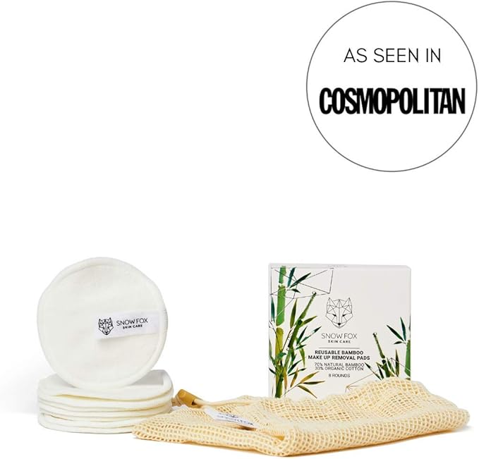 Snow Fox Skin Care Reusable Bamboo Makeup Removal Pads – 8 Organic Cotton Rounds with Mesh Bag – Washable Facial Pads with Soft Double-Layer Terry Texture