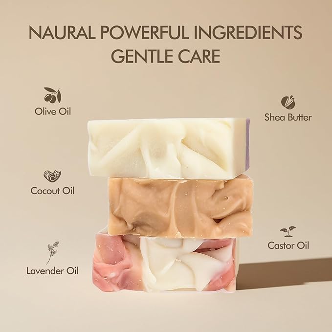 Natural Amor All Natural Handmade Soap Bar, Nourishing 3 pack- Rose Bergamot, Lavender, Unscented Oatmeal Bar Soap, 4.3 OZ each
