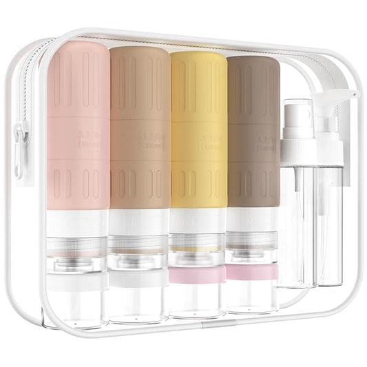 GLAMFIELDS Travel Bottles for Toiletries,TSA Approved 3.3oz Size LeakProof Silicone Toiletry Containers for Shampoo, Conditioner,Easy to Squeeze,Portable Travel Essentials for Lotion(18 Pack) Apricot