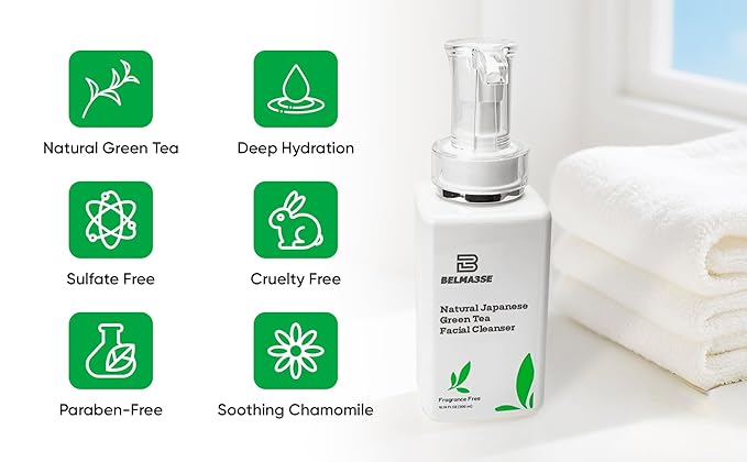 Natural Japanese Green Tea Facial Cleanser – Foaming Face Wash for Sensitive Skin with Aloe Vera, Chamomile & Cucumber | Hydrating Sulfate Free Green Tea Face Wash & Cleanser (10.14 fl oz / 300ml)