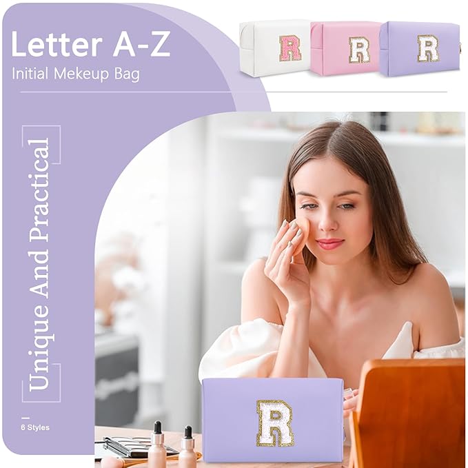 Personalized Makeup Bag Initial A-Z Preppy Patch Bag,Small PU Leather Travel Cosmetic Bag Pouch with Zipper,Purple Cute Toiletry Bag,Gift Ideal for Teen Girls Women Birthday Friend Mom,Latter R