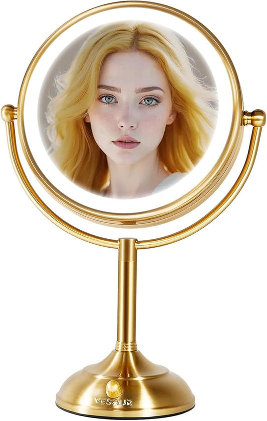 VESAUR 8.5'' Large Gold Lighted Makeup Mirror, 1X/10X Clear Seamless Magnifying Mirror, Bright Vanity Mirror with 3 Colors Dimmable Lights, Two-Sided 360ยฐRotation Stable Base, Luxury Nickel, Gift Box