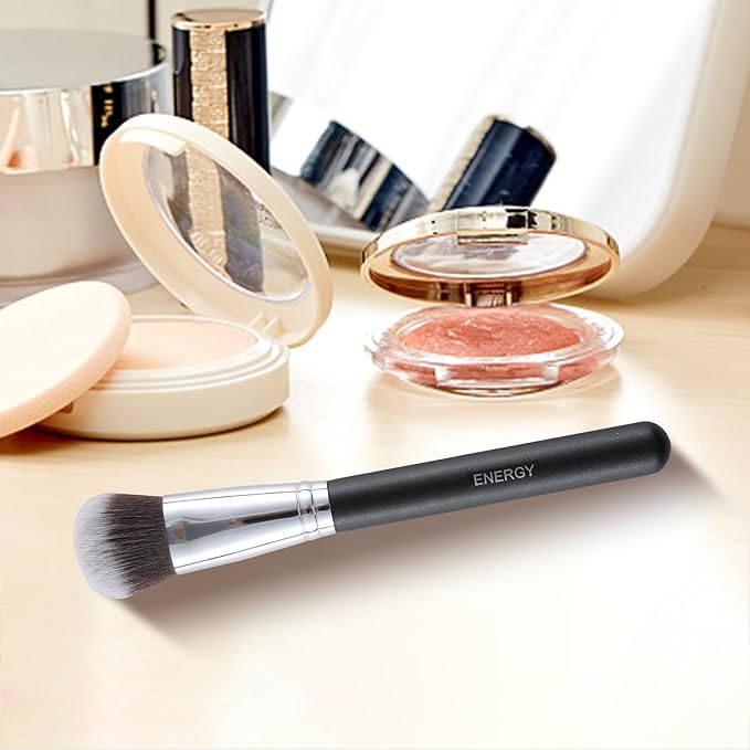 ENERGY Foundation Brush Expert Face Makeup Brush For Liquid Cream Powder Blending Buffing Buildable Coverage for Base Makeup Dense Vegan Synthetic Bristles Black