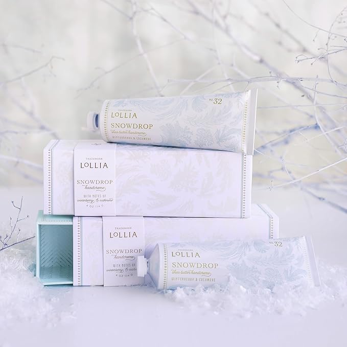 LOLLIA Snowdrop Handcreme, 4 oz, 113 g, Winterberry & Cashmere Fragrance, Luxury Shea Butter & Cocoa Butter Hand Moisturizer, Scented Hand Cream, Lotion for Women