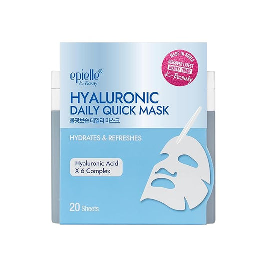 Epielle Hyaluronic Acid Face Mask Korean Sheet Masks for Face - 6x HA Complex Facial Mask, Korean Skincare Face Masks Skin Care Women Dry Skin Hydrating Anti Aging 20 Pack
