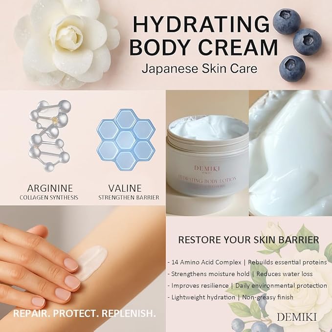 DEMIKI Body Lotion Moisturizer Skin Care with Squalane and Amino Acids - Japanese Body Lotion for Women, Beauty & Personal Care Body Cream, Perfume Moisturizer Skincare for Dry Skin 7.12fl.oz