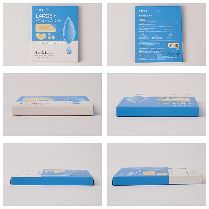 TKTK Large Pimple Patches for Face, 68 x 27 mm XL Hydrocolloid Bandages, Big Acne Patches for Body, Forehead, Chin, Nose, Chest and Back Blemish Zit Breakouts (Strip, Contoured, Dot 5 Sizes 136 Count)