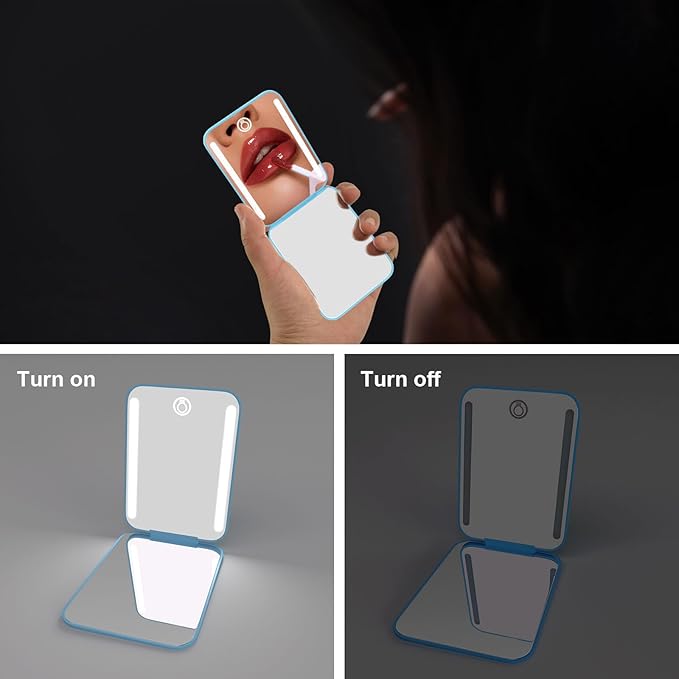 Kintion Rechargeable Pocket Mirror, Double Sided 1X/3X Magnification Compact Vanity Mirror, 3 Color Lights, Dimmable, Small Portable Wallet Mirror, Lighted Travel Mirror for Women Gifts, Blue